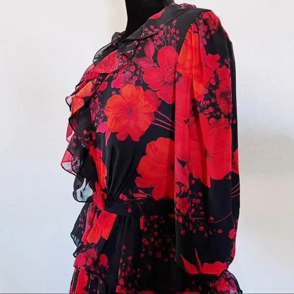 BASIX Floral Print Ruffle-Tiered A-Line Chiffon Gown